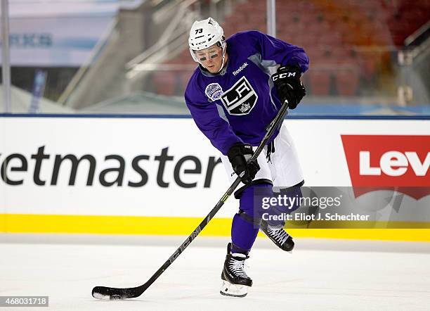 Tyler Toffoli of the Los Angeles Kings shoots the puck during practice day as part of the 2015 Coors Light Stadium Series game between the Los...