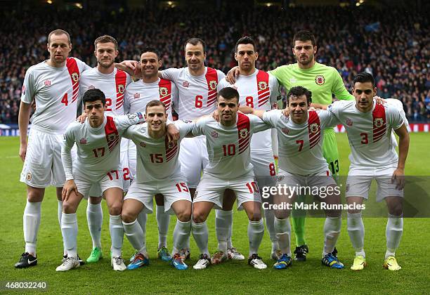 The Gibraltar team pose for a photograph prior to the EURO 2016 Qualifier match between Scotland and Gibraltar at Hampden Park on March 29, 2015 in...