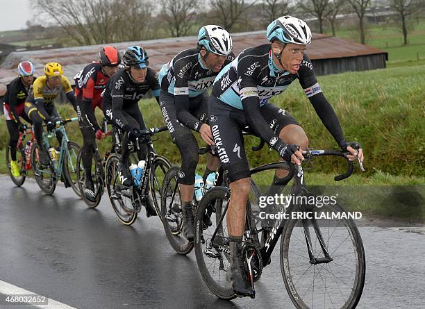 Italian Luca Paolini of Team Katusha, Belgian Sep Vanmarcke of Team LottoNL-Jumbo , Italian Daniel Oss of BMC Racing Team, British Ian Stannard of...