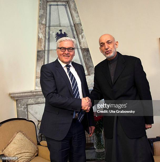 German Foreign Minister Frank-Walter Steinmeier meets Hamid Karzai, President of Afghanistan on February 9 in Kabul, Afghanistan. Steinmeier is on a...