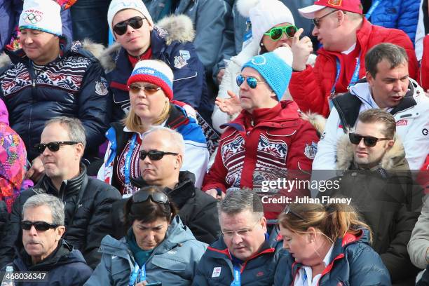 Russian Prime Minister Dmitry Medvedev attends the Alpine Skiing Men's Downhill at Rosa Khutor Alpine Center on February 9, 2014 in Sochi, Russia.