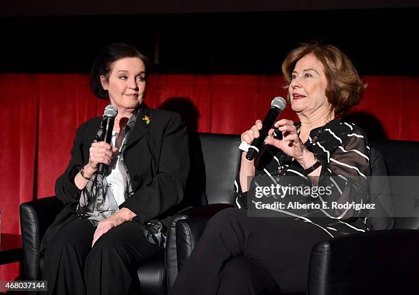 Actresses Millie Perkins and Diane Baker speak onstage before the screening of 'The Diary of Anne Frank' during day four of the 2015 TCM Classic Film...