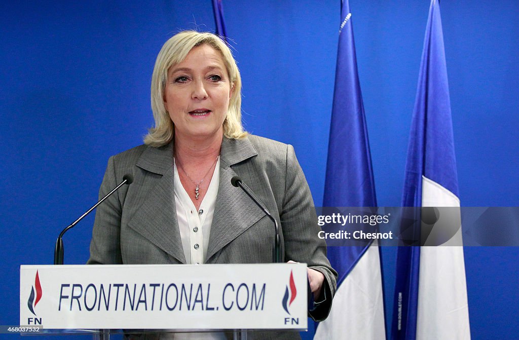 French Far-Right National Front President Marine Le Pen Gives A Press Conference After The Second Row of  Departemental Elections