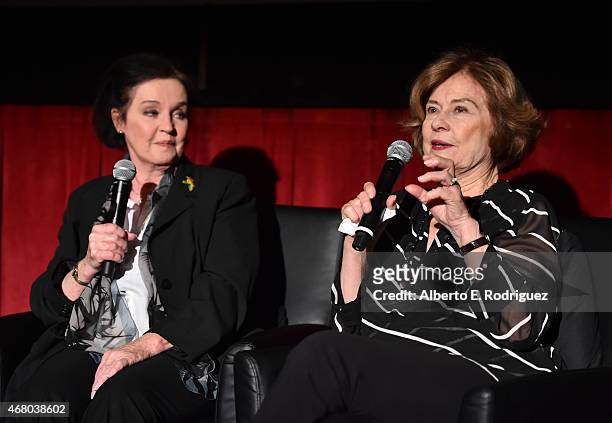 Actresses Millie Perkins and Diane Baker speak onstage before the screening of 'The Diary of Anne Frank' during day four of the 2015 TCM Classic Film...