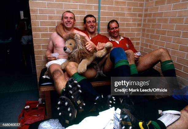 British Lions Rugby Union Tour, Australia v British Lions, 3rd Test, Sydney, Dean Richards, Wade Dooley and Paul Ackford relax in the changing room...