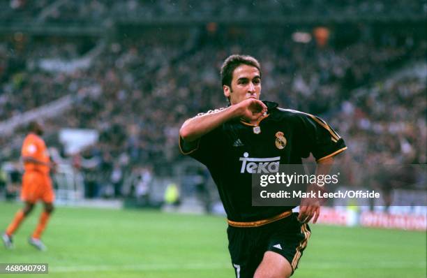 May 2000 - UEFA Champions League Final - Real Madrid v Valencia - Raul Gonzalez of Real Madrid celebrates scoring his goal and Madrid's third .