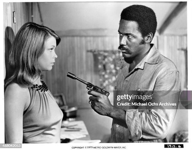 Actress Neda Arneric and actor Richard Roundtree on set of the movie "Shaft in Africa ", circa 1973.