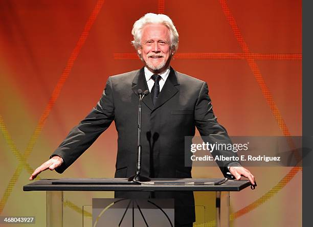 Actor Bruce Davison speaks on stage atthe 18th Annual Art Directors Guild Exellence In Production Design Awards at The Beverly Hilton Hotel on...