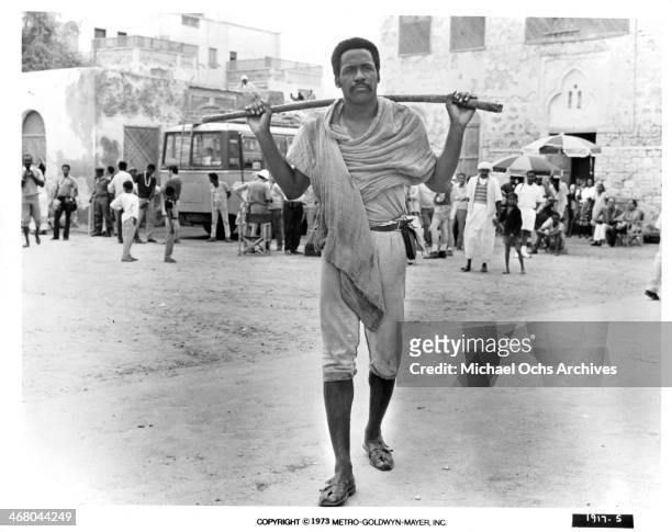 Actor Richard Roundtree on set of the movie "Shaft in Africa ", circa 1973.