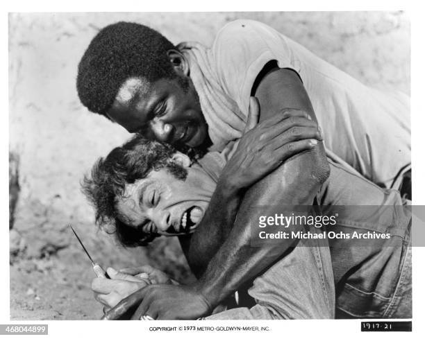 Actor Richard Roundtree and Spiros Focas on set of the movie "Shaft in Africa ", circa 1973.