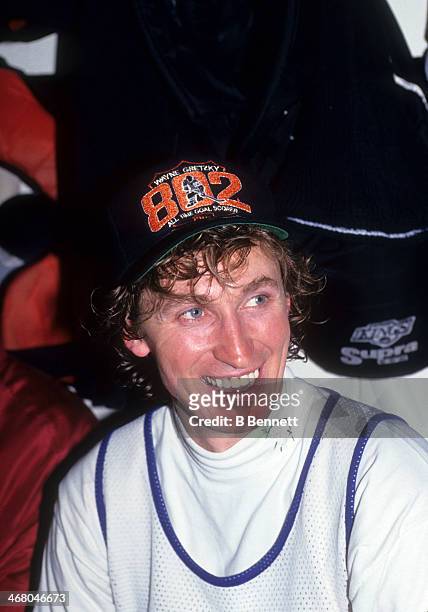 Wayne Gretzky of the Los Angeles Kings poses in the locker room after he scored his 802nd career goal in the game against the Vancouver Canucks on...