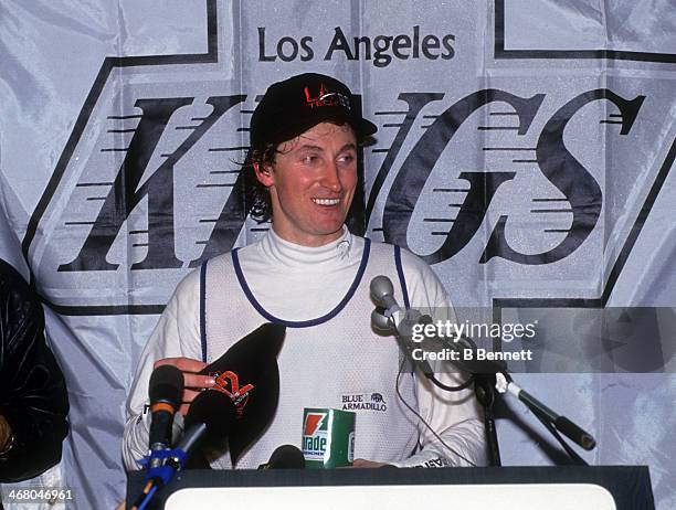 Wayne Gretzky of the Los Angeles Kings speaks during a press conference after he scored his 802nd career goal against the Vancouver Canucks on March...