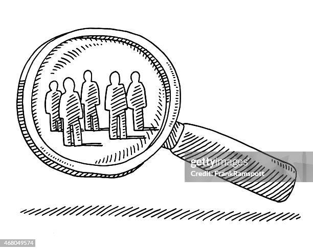 magnifying glass target group of people drawing - woman white background full body drawing stock illustrations