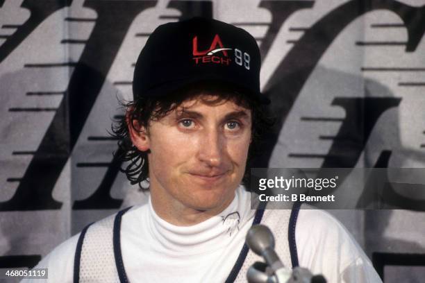 Wayne Gretzky of the Los Angeles Kings speaks during a press conference after he scored his 802nd career goal against the Vancouver Canucks on March...