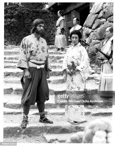 Actor Richard Chamberlain and actress Yoko Shimada on set of the mini-series "Shogun" , circa 1980.