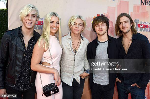 Musicians Riker Lynch, Rydel Lynch, Ross Lynch, Ellington Ratliff, and Rocky Lynch of R5 attend the 2015 iHeartRadio Music Awards which broadcasted...