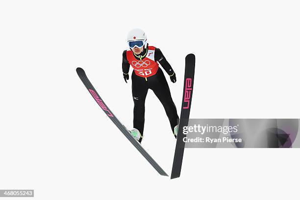 Sara Takanashi of Japan jumps during the Ladies' Normal Hill Individual Ski Jumping training on day 2 of the Sochi 2014 Winter Olympics at RusSki...