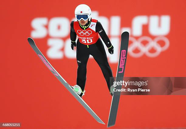 Sara Takanashi of Japan jumps during the Ladies' Normal Hill Individual Ski Jumping training on day 2 of the Sochi 2014 Winter Olympics at RusSki...