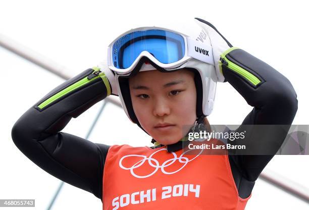 Sara Takanashi of Japan prepares for her jump during the Ladies' Normal Hill Individual Ski Jumping training on day 2 of the Sochi 2014 Winter...