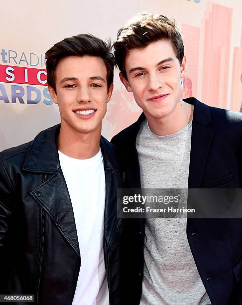 Blogger Cameron Dallas and singer Shawn Mendes attend the 2015 iHeartRadio Music Awards which broadcasted live on NBC from The Shrine Auditorium on...