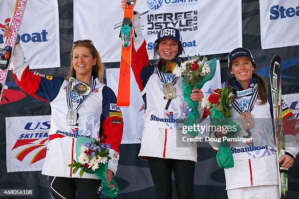 Oakley in second place, Nessa Dziemian in first place and Mikaela Matthews in third place take the podium in the ladies' dual moguls at the 2015 U.S....