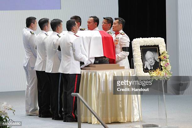 In this handout image provided by the Ministry of Communications and Information of Singapore, the casket of the late Mr Lee Kuan Yew is seen at the...