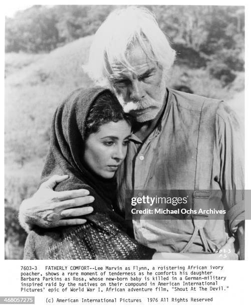 Actor Lee Marvin and actress Barbara Parkins on set of the movie "Shout at the Devil " , circa 1976.