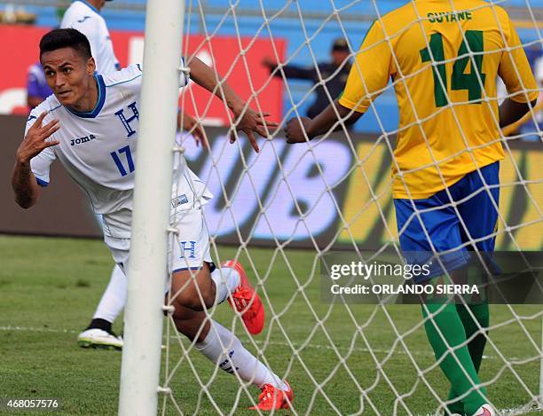 Honduras' Andy Najar celebrates after scoring the team's second goal against French Guiana during the Concacaf Gold Cup qualifying playoff match,, at...