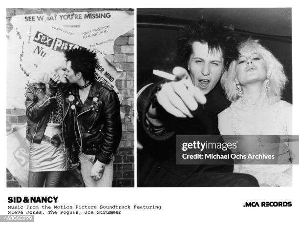 Actor Gary Oldman and actress Chloe Webb on set of the movie "Sid and Nancy" , circa 1986.