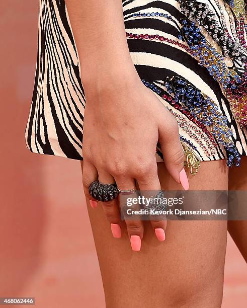 IHEARTRADIO MUSIC AWARDS -- Pictured: Actress-singer Zendaya, jewelry detail, arrives at the iHeartRadio Music Awards held at the Shrine Auditorium...