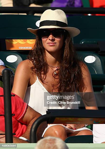 Xisca Perello girlfriend of Rafael Nadal of Spain watches his match against Fernando Verdasco of Spain in their third round match during the Miami...