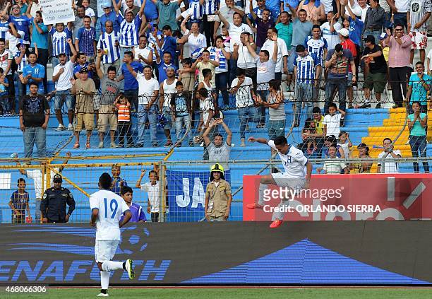 Honduras' Andy Najar celebrates his first goal against French Guiana during the Concacaf Gold Cup qualifying playoff match, at the Olimpico...