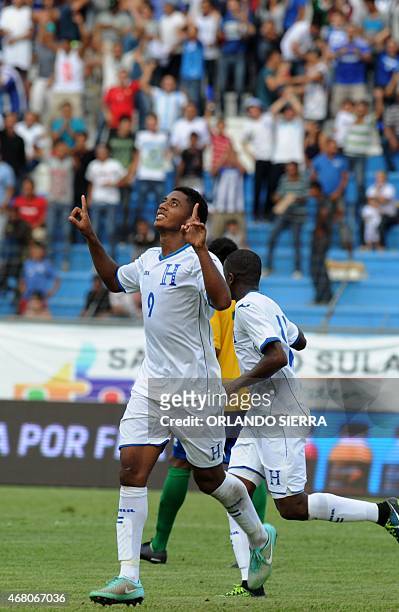Honduras' Antony Lozano celebrates the third goal against French Guiana during the Concacaf Gold Cup qualifying playoff match, at the Olimpico...
