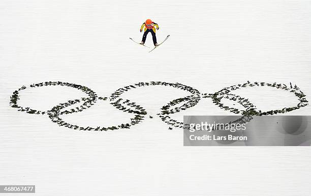 Eva Logar of Slovenia jumps during the Ladies' Normal Hill Individual Ski Jumping training on day 2 of the Sochi 2014 Winter Olympics at the RusSki...