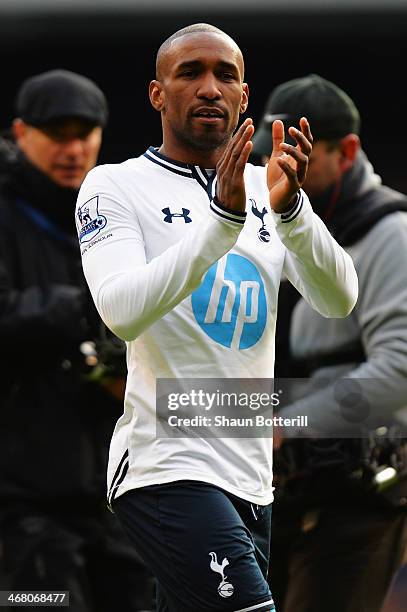Jermain Defoe of Tottenham Hotspur applauds the crowd at the end of his final home game following the Barclays Premier League match between Tottenham...