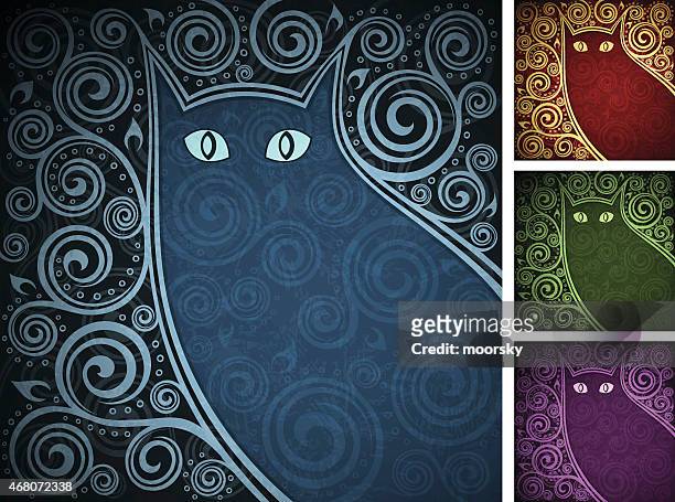 floral multi-coloured backgrounds - cat green eyes stock illustrations