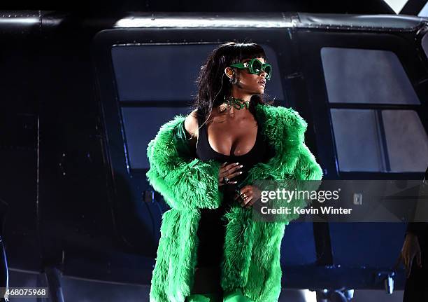 Singer Rihanna performs onstage during the 2015 iHeartRadio Music Awards which broadcasted live on NBC from The Shrine Auditorium on March 29, 2015...