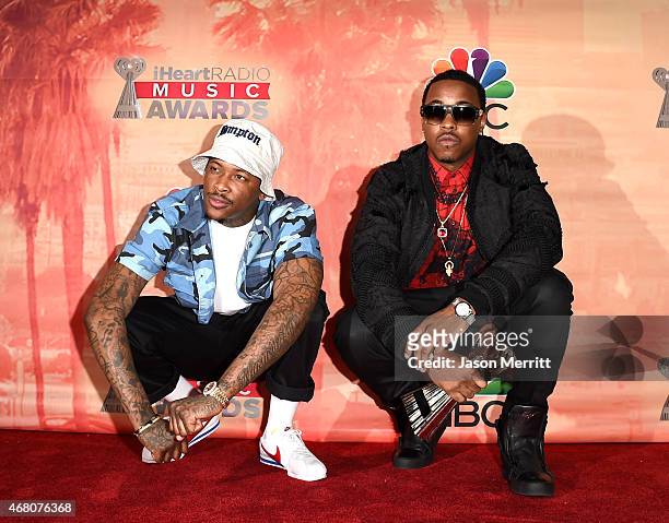 Hip-hop artists YG and Jeremih, winners of the Hip Hop/R&B Song of the Year Award for 'Don't Tell 'Em' pose in the press room during the 2015...
