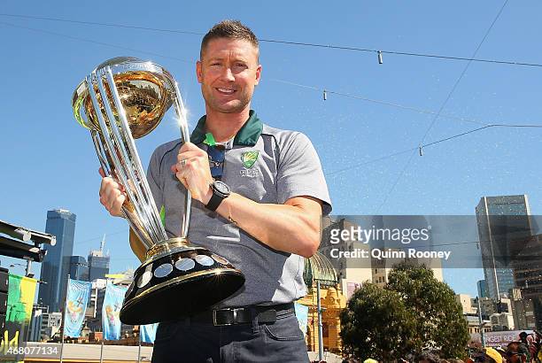 Michael Clarke of Australia poses with the trophy during celebrations after winning the 2015 ICC Cricket World Cup Final at Federation Square on...