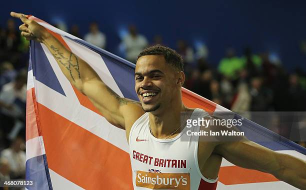 Luke Lennon Ford celebrates after winning the Mans 400 metres final at the Sainsbury's British Athletics Indoor Championships on February 9, 2014 in...