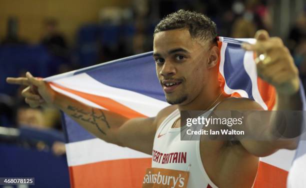 Nigel Levine celebrates after winning the Mans 400 metres final at the Sainsbury's British Athletics Indoor Championships on February 9, 2014 in...