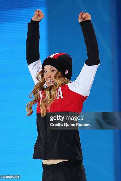 Gold medalist Justine Dufour-Lapointe of Canada celebrates during the medal ceremony for the Ladies Moguls Final 3 on day 2 of the Sochi 2014 Winter...