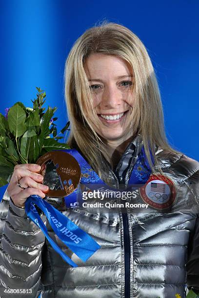 Bronze medalist Hannah Kearney of the United States during the medal ceremony for the Ladies Moguls Final 3 celebrates during the medal ceremony for...