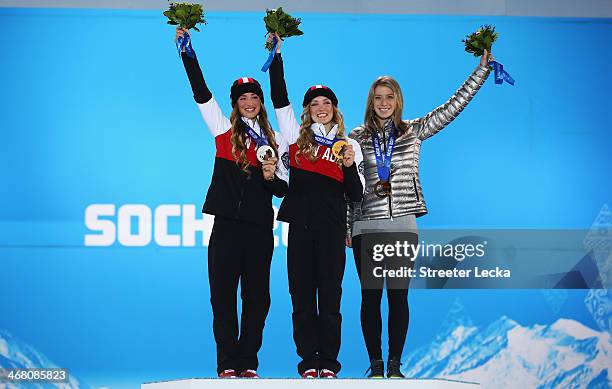 Silver medalist Chloe Dufour-Lapointe of Canada, gold medalist Justine Dufour-Lapointe of Canada and bronze medalist Hannah Kearney of the United...