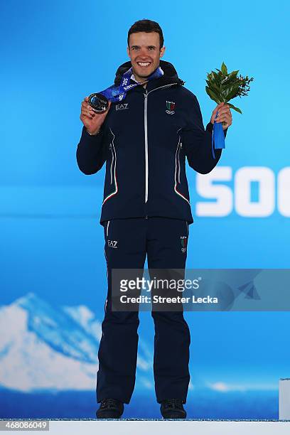 Silver medalist Christof Innerhofer of Austria celebrates during the medal ceremony for the Alpine Skiing Mens Downhill on day 2 of the Sochi 2014...