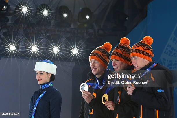 Silver medalist Jan Blokhuijsen of the Netherlands, gold medalist Sven Kramer of the Netherlands and bronze medalist Jorrit Bergsma of the...