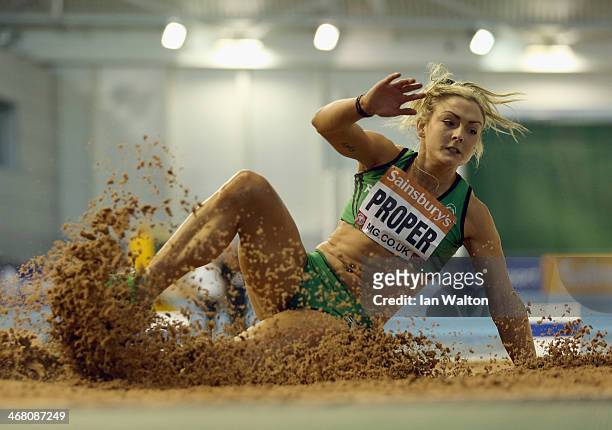 Kelly Proper in action in the womens long Jump Final at the Sainsbury's British Athletics Indoor Championships on February 9, 2014 in Sheffield,...