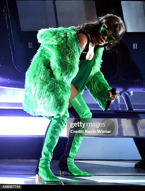 Singer Rihanna performs onstage during the 2015 iHeartRadio Music Awards which broadcasted live on NBC from The Shrine Auditorium on March 29, 2015...