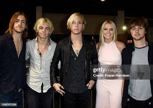 Rocky Lynch, Ross Lynch, Riker Lynch, Rydel Lynch and Ellington Ratliff of R5 attend the 2015 iHeartRadio Music Awards which broadcasted live on NBC...