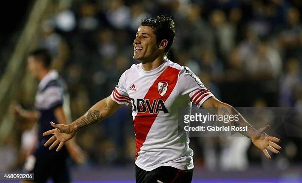 Rodrigo Mora of River Plate celebrates after scoring the third goal of his team during a match between Gimnasia y Esgrima La Plata and River Plate as...
